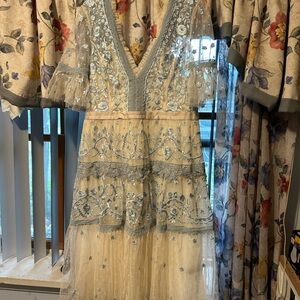 Needle & Thread Cream and Silver Embroidered Midi Dress